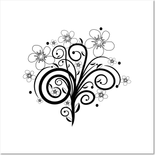 black, white, flower tendril, blooming, bloom, bunch of flowers Posters and Art